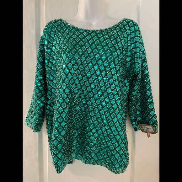 Emerald green sequin top made in Hong Kong vintage 60s size 14 - Picture 1 of 4
